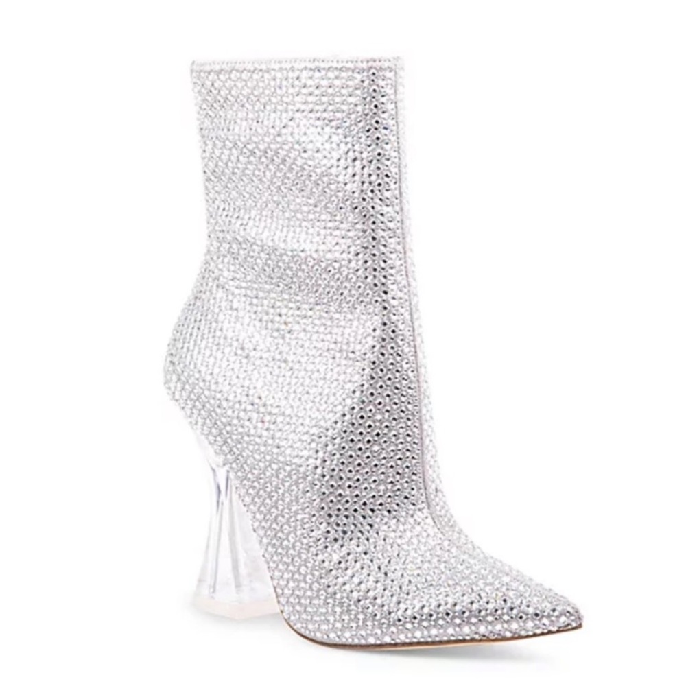New STEVE MADDEN Vivy Embellished Silver Bootie with Clear Heel